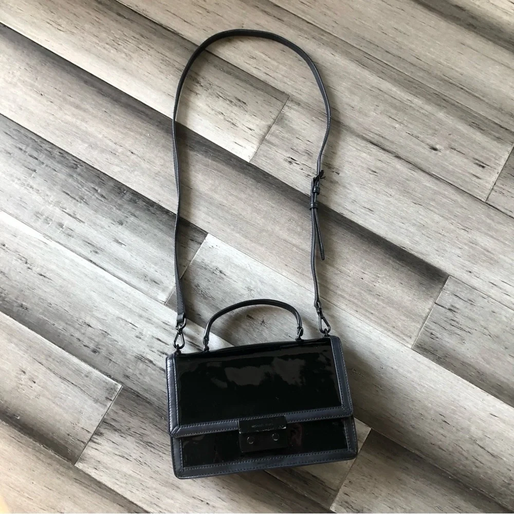 Michael Kors Callie All Black Patent Leather Lambskin Satchel Handbag Crossbody - Picture 2 of 14